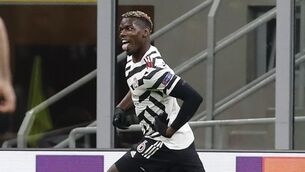 <p> Paul Pogba celebrates after scoring Manchester United's winner against AC Milan at the San Siro Stadium last night. (AP Photo/Antonio Calanni)</p>