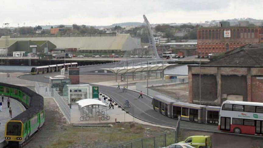 A CGI image of the possible LUAS line and bridge between Kent Station and Cork's South Docklands.