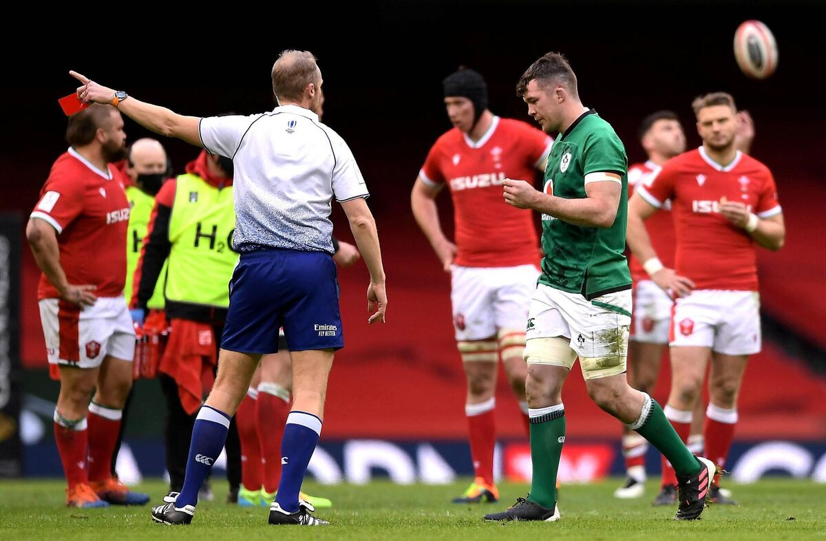 Peter O'Mahony leaves the pitch having being shown a red card by referee Wayne Barnes during the Guinness Six Nations Rugby Championship match between Wales and Ireland. Picture: Ben Evans/Sportsfile