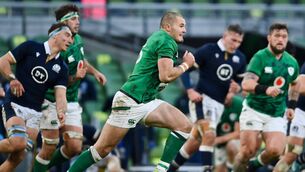 <p>BIT BETWEEN HIS TEETH: I’m really confident, all I can base it on is this week’s training. It’s been really good. I’ve got a lot of touches on the ball, which is exactly what you want as a winger, says Jacob Stockdale, seen here in the Nations Cup clash with Scotland. Photo by Ramsey Cardy/Sportsfile:</p>