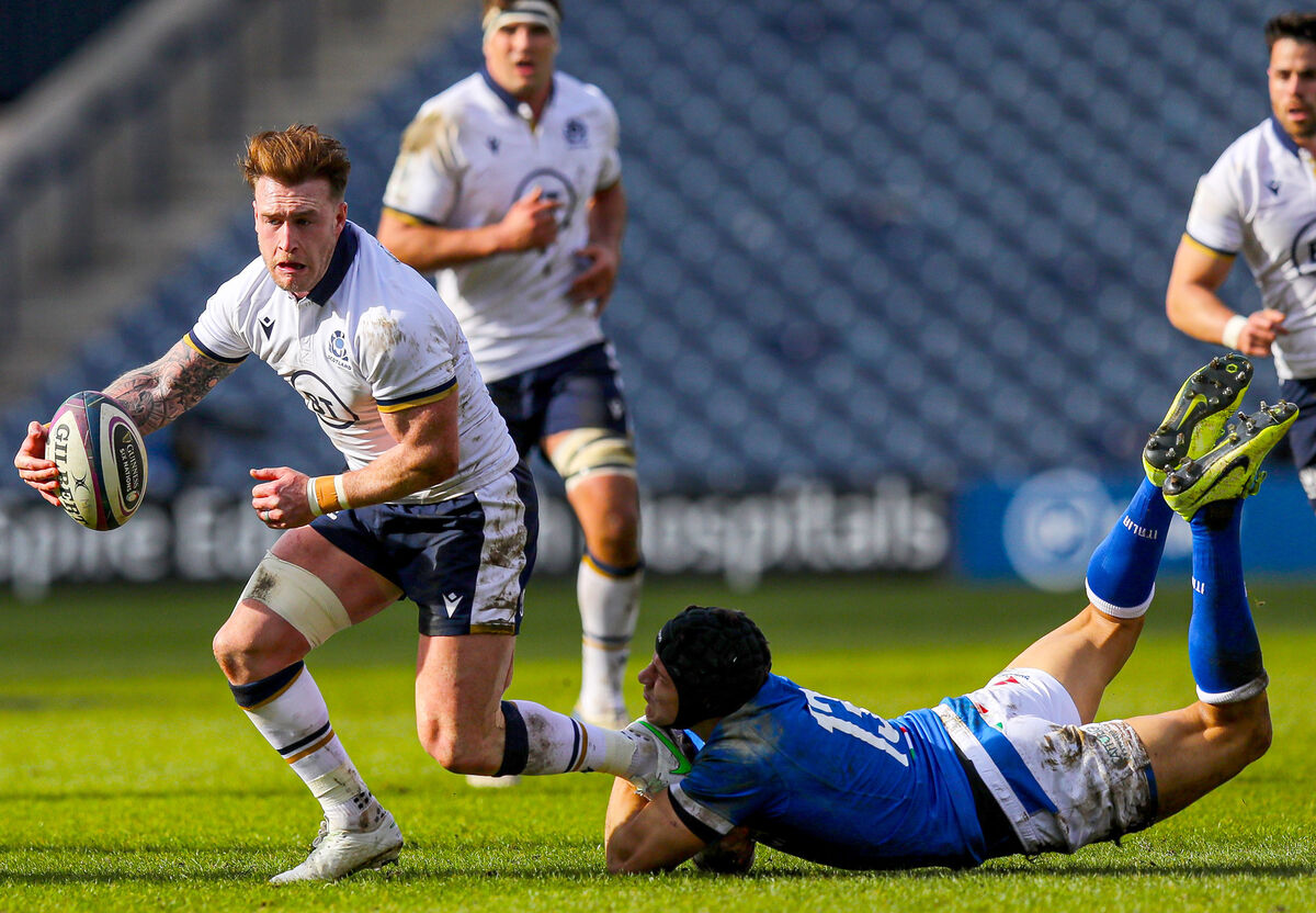 Scotland's Stuart Hogg is tackled by Juan Ignacio Brex of Italy. Picture: INPHO/Ryan Byrne