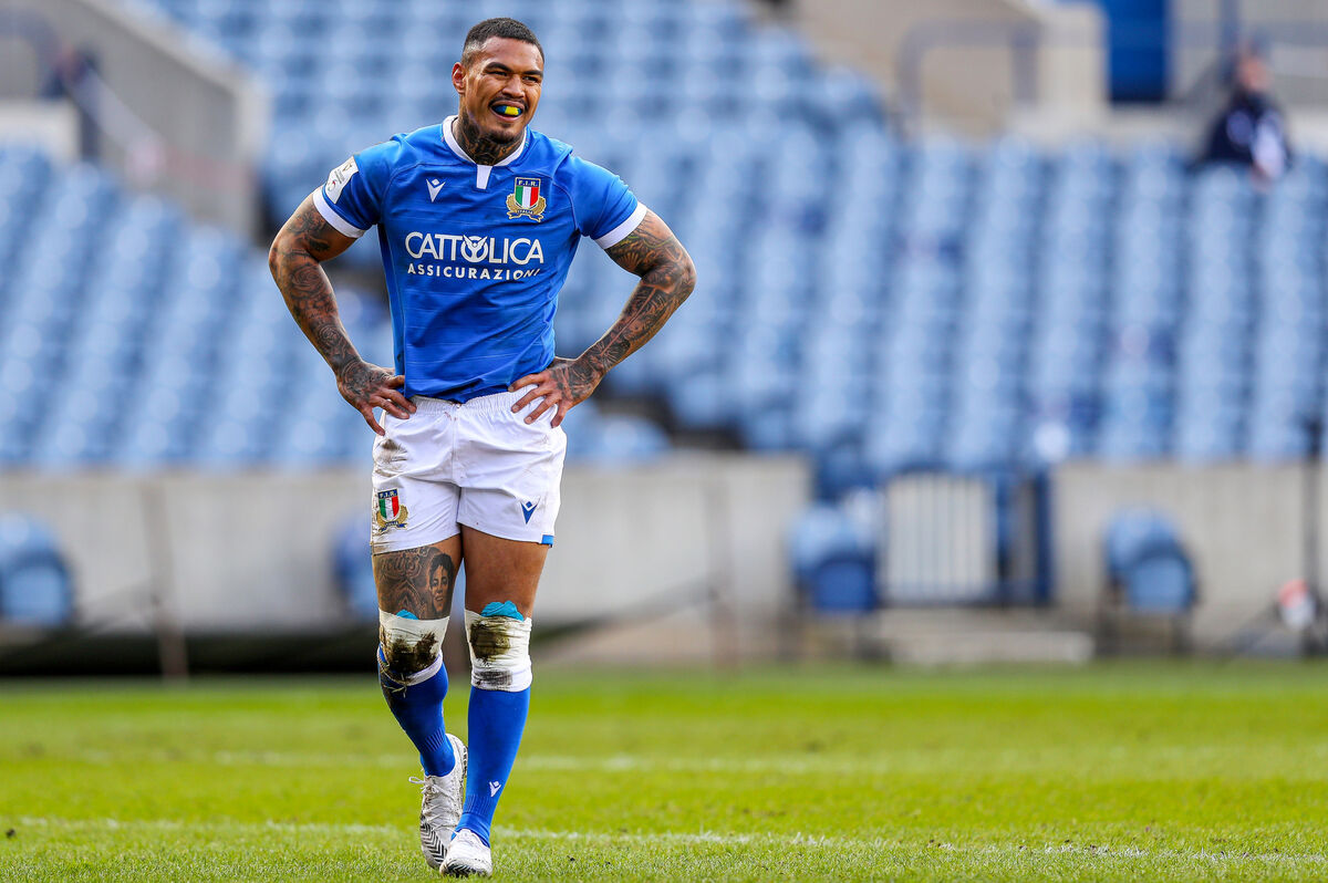 Italy's Monty Ioane dejected after Scotland score another try. Picture: INPHO/Ryan Byrne