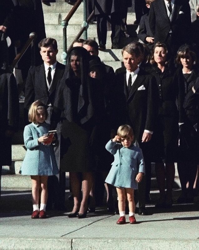Three-year-old John F Kennedy Jr., front right, salutes his father's casket in Washington on Nov. 25, 1963, three days after the president was assassinated in Dallas. Widow Jacqueline Kennedy, center, and daughter Caroline Kennedy are accompanied by the late president's brothers Sen. Edward Kennedy, left, and Attorney General Robert Kennedy. Picture: AP Photo/File