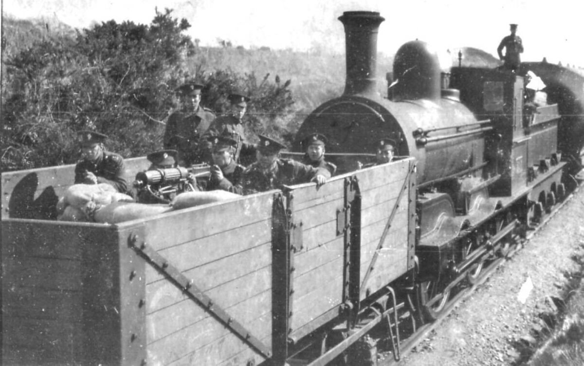  A camouflaged Vickers Machine Gun manned by members of the Royal Fusiliers protect the train carrying supplies and personnel near Headford, Killarney in 1921. Picture supplied: macmonagle,killarney