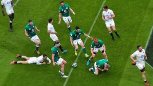 <p>Iain Henderson, Rob Herring, Jack Conan, Conor Murray and Josh van der Flier celebrate a try by Keith Earls during the win over England in Dublin. <span class="contextmenu emphasis CaptionCredit">Picture: Ramsey Cardy/Sportsfile</span>
            </p>