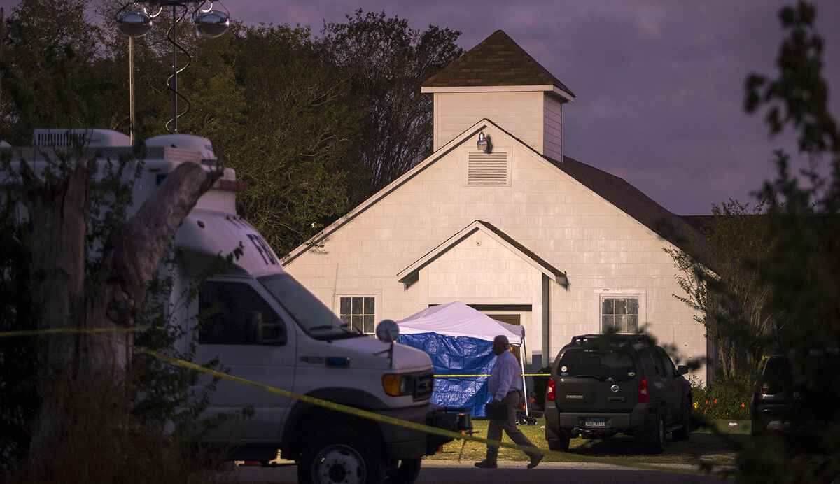 A man walks past the front of the First Baptist Church on Monday, Nov. 6, 2017, where a gunman opened fire on a Sunday service in Sutherland Springs, Texas. Picture: Nick Wagner/Austin American-Statesman via AP A man walks past the front of the First Baptist Church on Monday, Nov. 6, 2017, where a gunman opened fire on a Sunday service in Sutherland Springs, Texas. Picture: Nick Wagner/Austin American-Statesman via AP