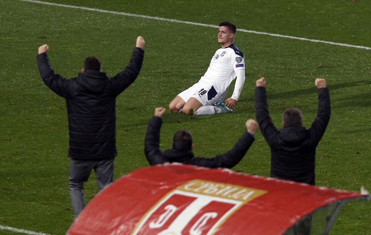Serbia's Luka Jovic celebrates scoring the equalising goal during the UEFA Euro 2020 play-off finals match at Rajko Mitic Stadium, Belgrade. Picture: Novak Djurovic