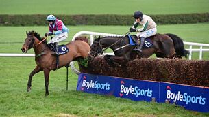 <p>Robin Des Foret and Paul Townend (near) win the Download The BoyleSports App Steeplechase from Westerner Point (far). Picture: Healy Racing.</p>