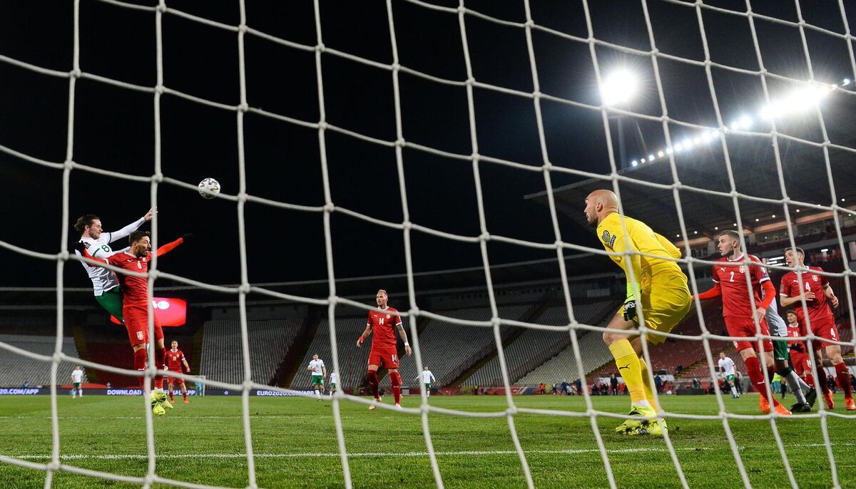 Alan Browne of Republic of Ireland heads to score the game's opening goal. Picture: Stephen McCarthy/Sportsfile