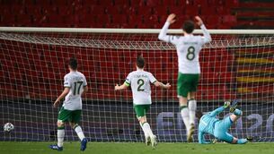 <p>Republic of Ireland goalkeeper Mark Travers watches as the shot of Aleksandar Mitrovic of Serbia hits the net to concede his side's second goal. Picture: Stephen McCarthy/Sportsfile</p>