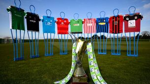 <p>The SSE Airtricity Women's National League trophy and jerseys from the participating clubs during the launch of the 2021 season at the FAI National Training Centre in Abbotstown, Dublin. </p>