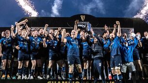 <p>The Leinster team celebrate as Guinness PRO14 Champions</p>