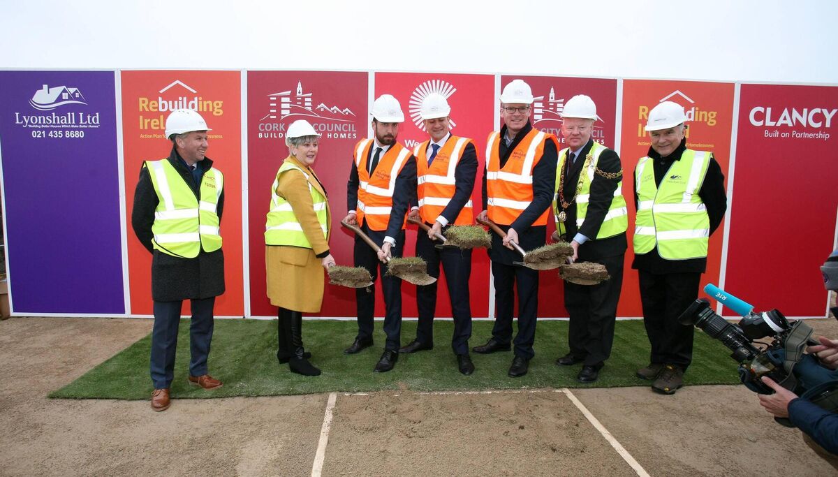 Then Taoiseach Leo Varadkar and Tánaiste Simon Coveney, housing minister Eoghan Murphy, Lord Mayor of Cork John Sheehan, Ann Doherty CEO Cork City Council, with representatives of the developers turning the sod at an affordable housing scheme at Boherboy Rd in Mayfield, Cork City. Picture: Tony O'Connell
