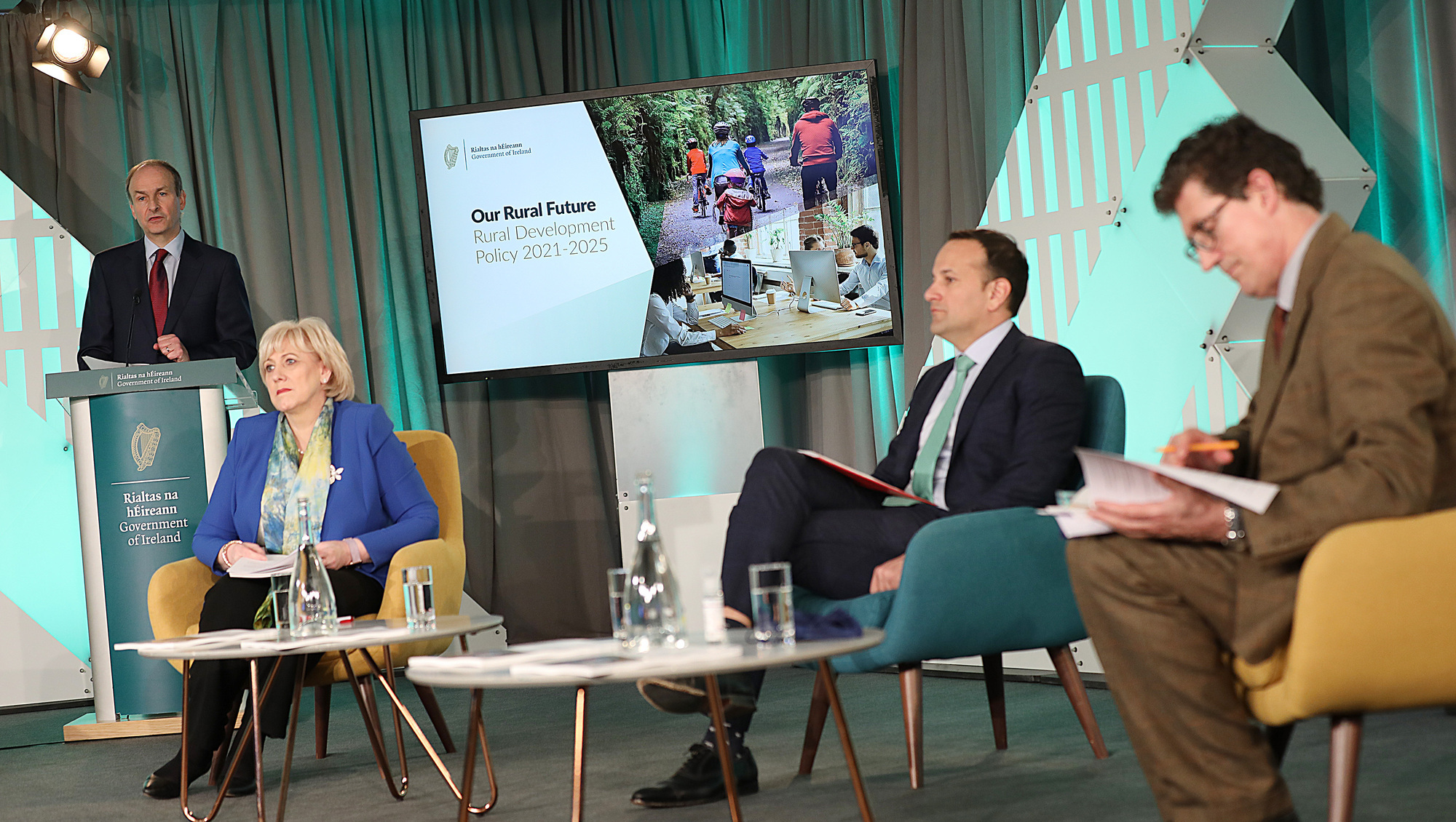 An Taoiseach Micheál Martin, An Tánaiste Leo Varadkar, Minister for Rural and Community Development, Heather Humphreys, and Minister for Transport and the Environment, Climate and Communications, Eamon Ryan at the launch of  'Our Rural Future – Rural Development Policy 2021-2025' at Croke Park yesterday. Picture: Julien Behal
