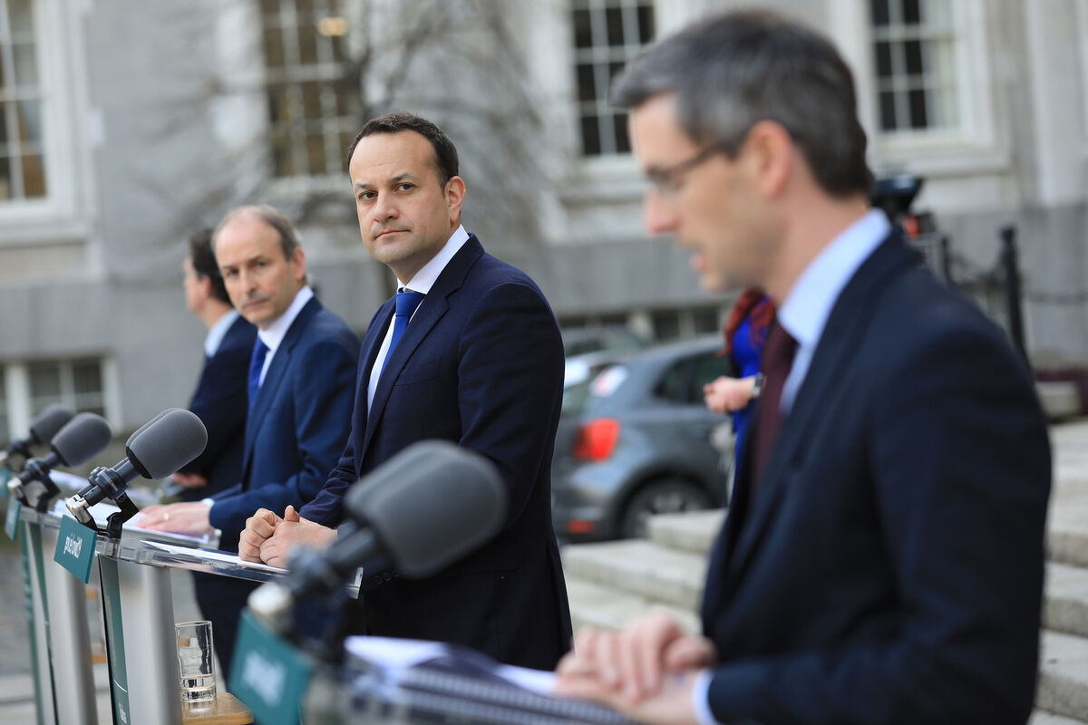 Taoiseach Micheál Martin addresses the Nation at Government Buildings, Dublin and holds a press conference with Tánaiste Leo Varadkar, Deputy CMO Ronan Glynn and Minister for the Environment, Climate and Communications Eamon Ryan. Picture: Julien Behal Taoiseach Micheál Martin addresses the Nation at Government Buildings, Dublin and holds a press conference with Tánaiste Leo Varadkar, Deputy CMO Ronan Glynn and Minister for the Environment, Climate and Communications Eamon Ryan. Picture: Julien Behal