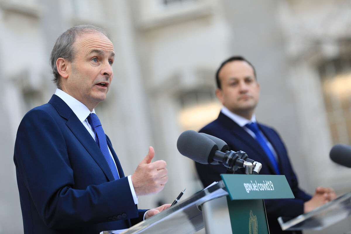 Taoiseach Micheál Martin addresses the Nation at Government Buildings, Dublin and holds a press conference with Tánaiste Leo Varadkar. Picture: Julien Behal