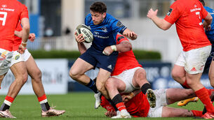 <p>Leinster's Hugo Keenan is tackled in Saturday's PRO14 final against Munster. Picture: INPHO/Billy Stickland</p>