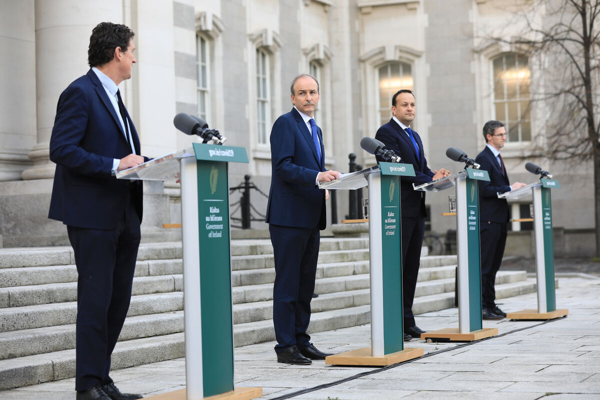 Taoiseach Micheál Martin addresses the Nation at Government Buildings, Dublin and holds a press conference with Tánaiste Leo Varadkar, Deputy CMO Ronan Glynn and Minister for the Environment, Climate and Communications Eamon Ryan Picture: Julien Behal Taoiseach Micheál Martin addresses the Nation at Government Buildings, Dublin and holds a press conference with Tánaiste Leo Varadkar, Deputy CMO Ronan Glynn and Minister for the Environment, Climate and Communications Eamon Ryan Picture: Julien Behal
