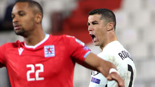 <p>Portugal's Cristiano Ronaldo reacts at the end of the World Cup 2022 group A qualifier against Luxembourg at the Josy Barthel Stadium. (AP Photo/Olivier Matthys)</p>