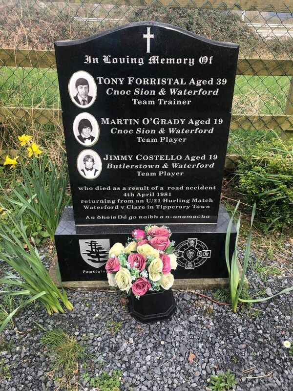 The roadside memorial to Tony Forristal, Martin O'Grady and Jimmy Costello. The three were killed in an accident there in 1981.  