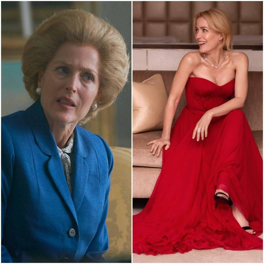 Gillian Anderson as Margaret Thatcher in The Crown — and wearing Dolce Gabbana for the SAG Awards