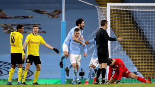 <p>Manchester City's Phil Foden (bottom centre) celebrates scoring their side's second goal of the game. Picture: Nick Potts</p>