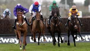 <p> Mister Malarky and Jonjo O'Neill (purple) winning The Betway Handicap Chase in February. Picture: Healy Racing.</p>
