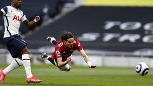 <p>Manchester United's Edinson Cavani scores their side's second goal of the game during the Premier League match at the Tottenham Hotspur Stadium, London. Picture: Adrian Dennis/PA Wire. </p>