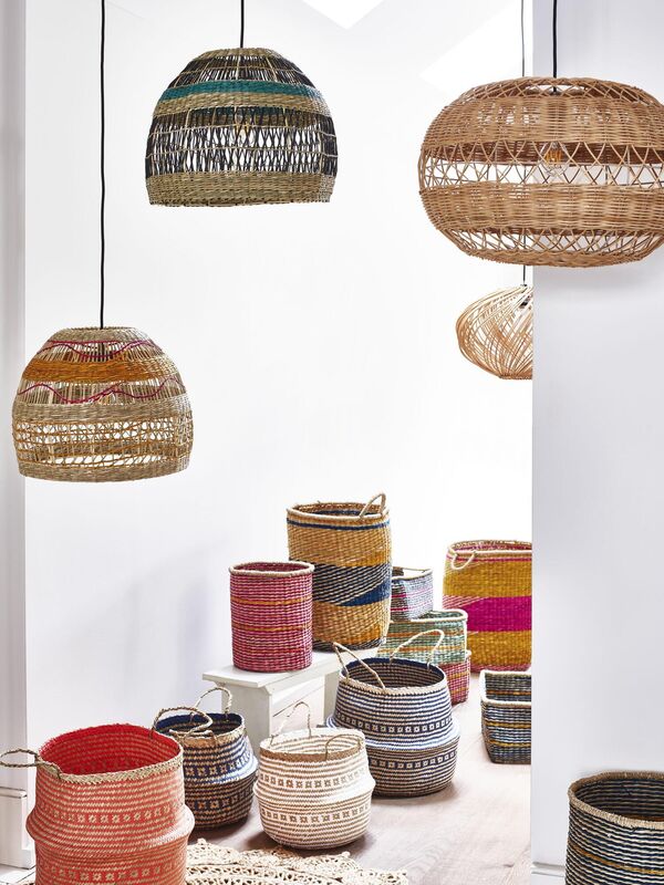 Oliver Bonas bent-woods, seagrass, jute, rattan and split grasses. Basket pendants (€72), shelves (€145) and colourful storage baskets ( from €35.50) oliverbonas.com