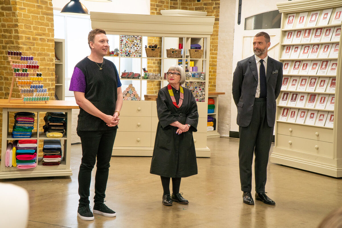 The Great British Sewing Bee: Joe Lycett, Esme Young and Patrick Grant. Picture: Love Productions — Photographer: Mark Bourdillon The Great British Sewing Bee: Joe Lycett, Esme Young and Patrick Grant. Picture: Love Productions — Photographer: Mark Bourdillon