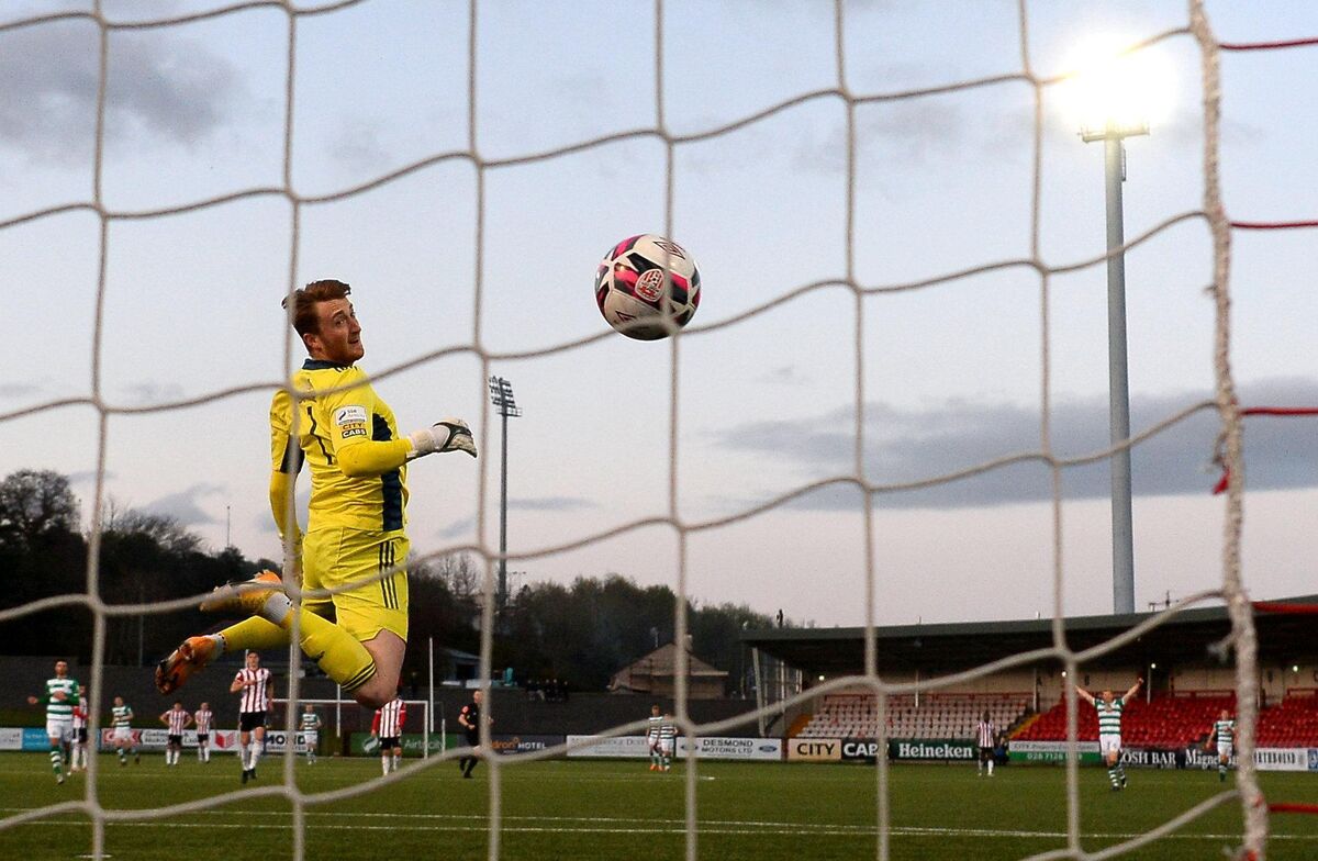 Derry City goalkeeper Nathan Gartside watches Graham Burke's shot sail into the net at the Ryan McBride Brandywell Stadium. Photo by Stephen McCarthy/Sportsfile