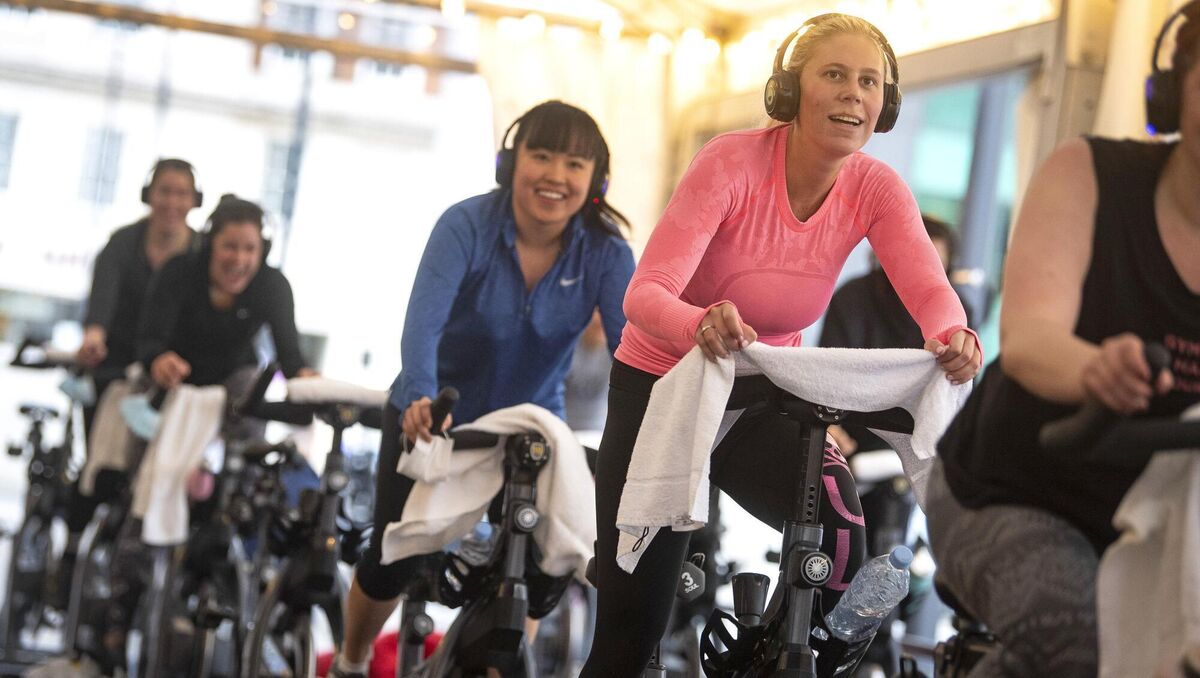 Spinning classes resumed at gyms, including this one in London, as businesses such as outdoor pubs and restaurants, non-essential shops, and salons were allowed reopen in England. Picture: Victoria Jones/PA