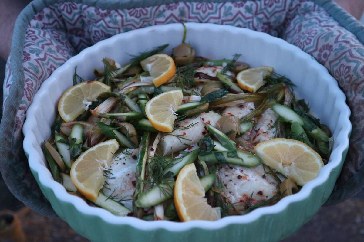 Roasted John Dory with asparagus: serve with some boiled baby potatoes smothered in butter and a little sea salt.