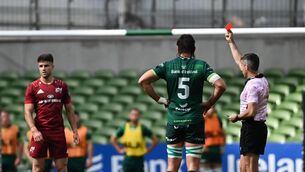 <p>Connacht's Shane Delahunt, 2, receives a red card from referee Frank Murphy during the 2020 Guinness PRO14 Round 15 match between Munster and Connacht at the Aviva Stadium in Dublin. Photo by Ramsey Cardy/Sportsfile</p>