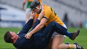 <p>Antrim manager Darren Gleeson and Donal Nugent of Antrim celebrate at the final whistle of the 2020 Joe McDonagh Cup Final match between Kerry and Antrim at Croke Park in Dublin. Photo by Brendan Moran/Sportsfile</p>