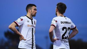 <p> Michael Duffy, left, and Cameron Dummigan of Dundalk during the SSE Airtricity League Premier Division match between Dundalk and Bohemians at Oriel Park in Dundalk, Louth. Photo by Ben McShane/Sportsfile</p>