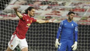 <p>Manchester United's Edinson Cavani celebrates after scoring his side's first goal during the Europa League, quarter-final, second leg win over Granada at Old Trafford. Picture: AP Photo/Dave Thompson</p>