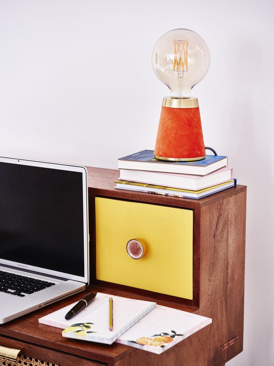 Styled on a dressing table conversion, you might be inspired to convert a vintage piece with the right measurements. Oliver Bonas Mescal Desk, €575, Ero Velvet Open Bulb Lamp, €64, oliverbonas.com. Styled on a dressing table conversion, you might be inspired to convert a vintage piece with the right measurements. Oliver Bonas Mescal Desk, €575, Ero Velvet Open Bulb Lamp, €64, oliverbonas.com.