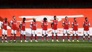 <p>Arsenal players stand for a minute's silence in memory of the Duke of Edinburgh whose funeral took place on Saturday at the Emirates Stadium. Arsenal is one of a number of Premier League clubs to declare their formal support for a European Super League. Picture: Julian Finney/PA</p>