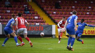 <p>Darragh Burns of St Patrick's Athletic shoots to score his side's goal. Picture: Harry Murphy/Sportsfile</p>