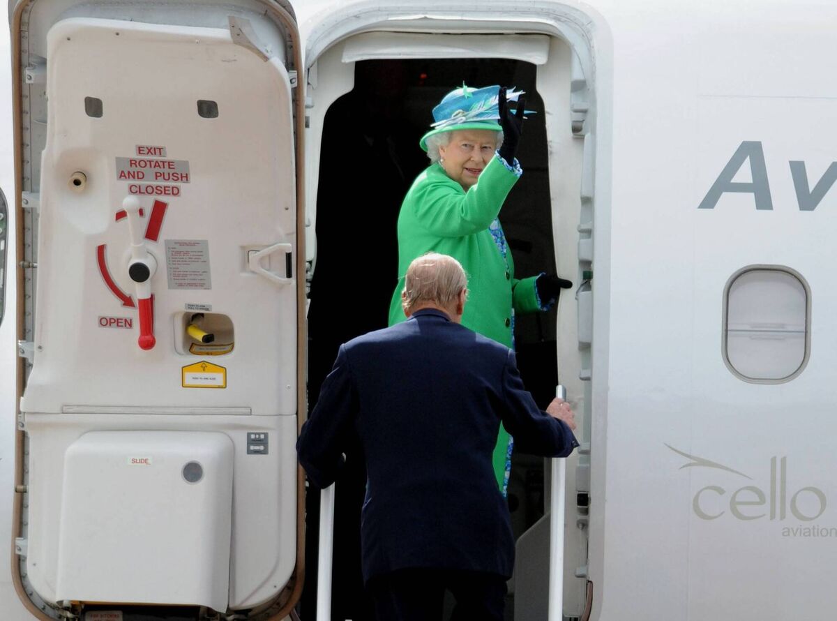 Queen Elizabeth II and the late Prince Philip at Cork Airport as their visit ended in 2011. 