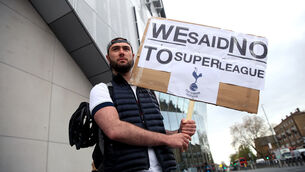 <p>Tottenham fans stage a protest against the European Super League. Picture: Adam Davy</p>