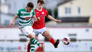 <p>Sligo's Niall Morahan with Dylan Watts of Shamrock Rovers. Picture: INPHO/Tommy Dickson</p>