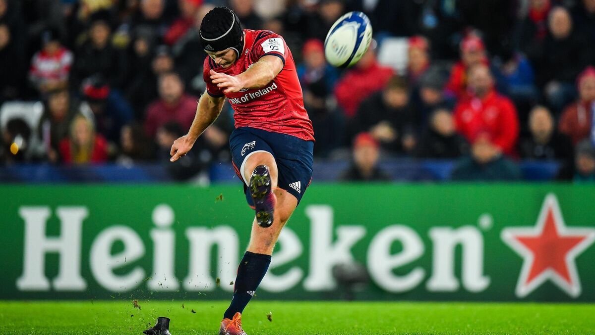 Tyler Bleyendaal of Munster kicks a conversion during a 2019 Heineken Champions Cup match. Picture: Seb Daly