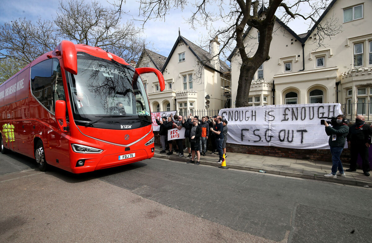 Liverpool fans protest outside of Anfield Stadium ahead of the game. Picture: Martin Rickett