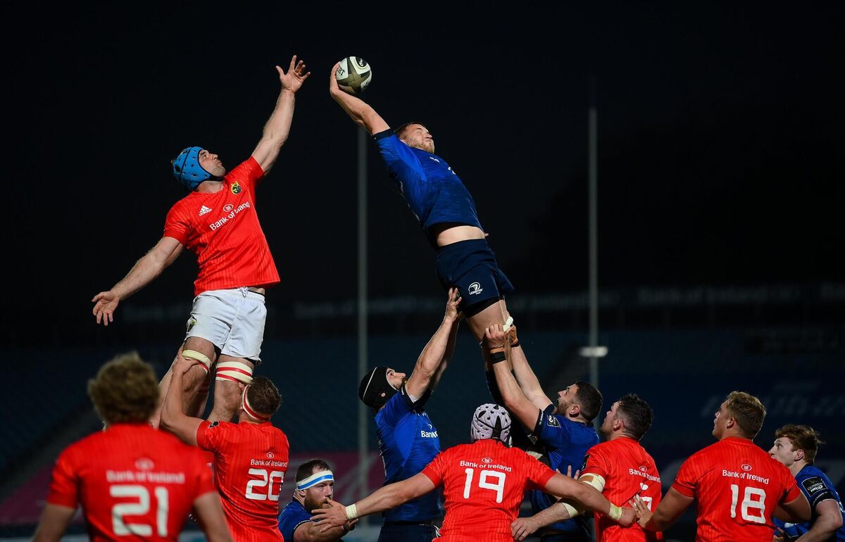 Ross Molony of Leinster wins possession in the lineout against Tadhg Beirne. Picture: Stephen McCarthy/Sportsfile Ross Molony of Leinster wins possession in the lineout against Tadhg Beirne. Picture: Stephen McCarthy/Sportsfile