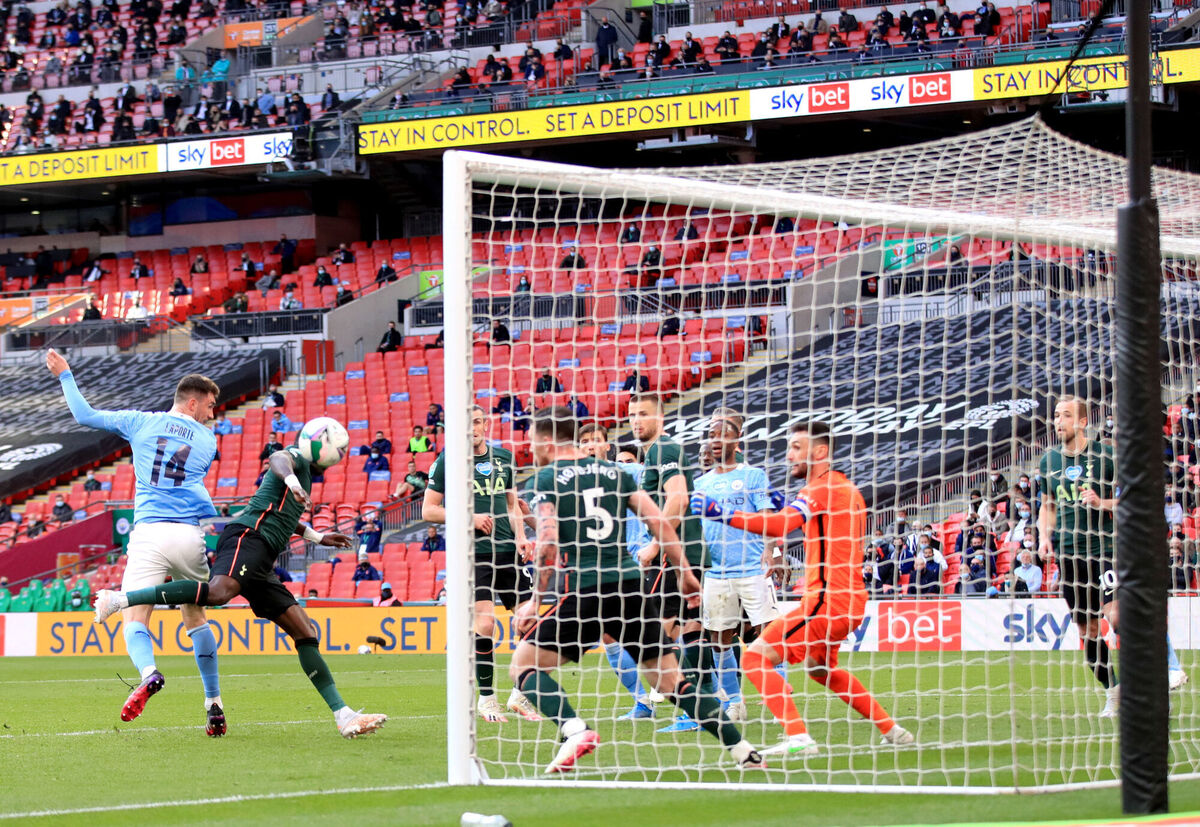 Manchester City's Aymeric Laporte (left) scores their side's winning goal late in the game. Picture: Adam Davy Manchester City's Aymeric Laporte (left) scores their side's winning goal late in the game. Picture: Adam Davy