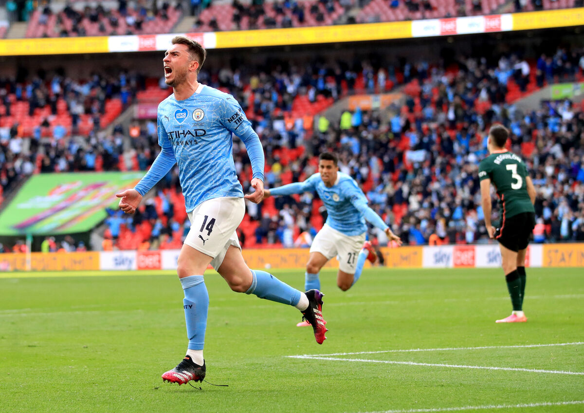 Manchester City's Aymeric Laporte celebrates scoring the winner