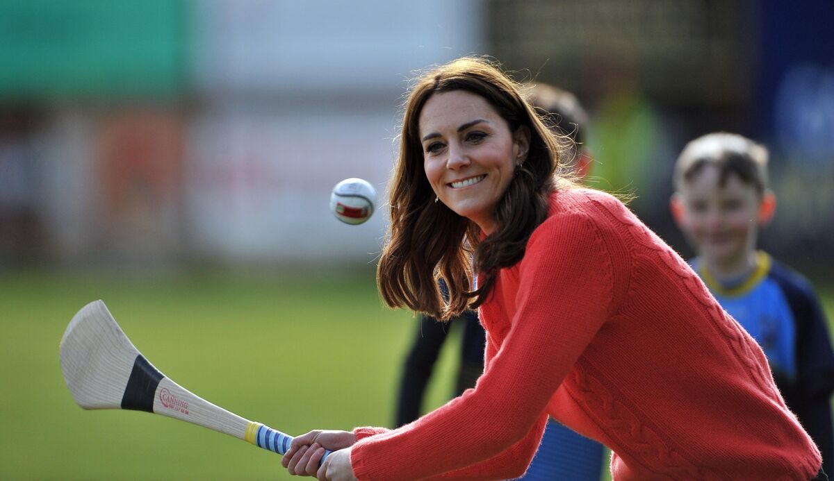 Kate Middleton trying her hand at hurling at Salthill GAA centre. Picture: Ray Ryan