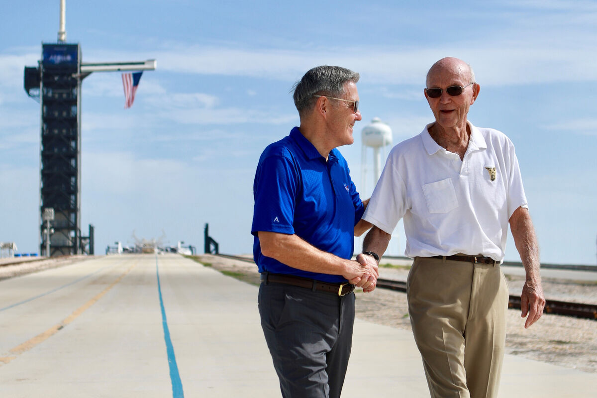 Astronaut Michael Collins, right, speaks to Kennedy Space Center Director Bob Cabana at Launch Complex 39A, about the moments leading up to launch at 9:32 a.m. on July 16, 1969, and what it was like to be the first to land on the moon on the Apollo 11 mission. Picture: Frank Michaux/NASA via AP